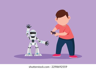 Graphic flat design drawing happy little boy playing with remote controlled robot toys. Cute kids playing with tech electronic toy robot with remote control in hands. Cartoon style vector illustration
