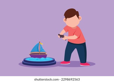 Dibujo gráfico de diseño plano, niño pequeño feliz jugando con juguete de velero controlado a distancia. Niños guapos jugando con juguete electrónico de velero con mando a distancia en las manos. Ilustración vectorial de estilo de dibujos animados