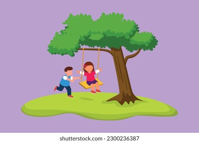 Graphic flat design drawing happy little boys and girls playing on tree swing. Cheerful kids on swinging under tree at school. Children playing at outdoor playground. Cartoon style vector illustration