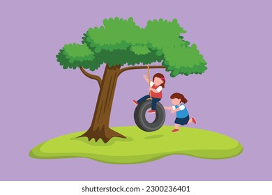 Graphic flat design drawing happy two little girls playing tire swing under tree  Pretty kids swinging tire hanging from tree  Adorable children playing in garden  Cartoon style vector illustration