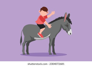 Graphic flat design drawing happy little boy riding donkey at outdoor. Child sitting on back donkey with saddle in ranch park. Adorable kids learning to ride donkey. Cartoon style vector illustration