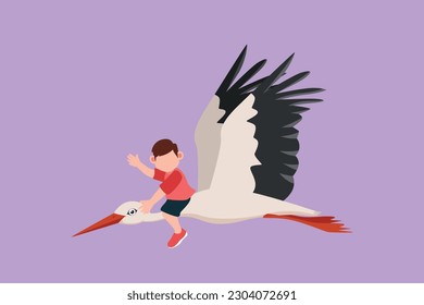 Graphic flat design drawing happy little boy flying with stork. Cheerful child fly and sitting on back stork bird at sky. Adorable kids learning to ride cute stork. Cartoon style vector illustration