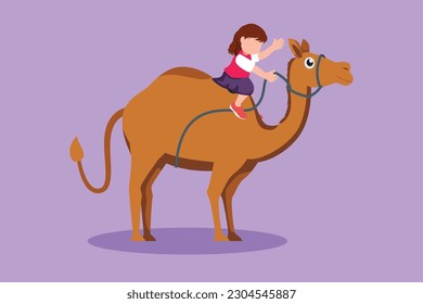 Graphic flat design drawing happy little girl riding camel in Arabian desert. Child sitting on hump camel with saddle in desert. Adorable kids learning to ride camel. Cartoon style vector illustration