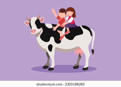Diseño gráfico plano dibujando a un niño y una niña felices montando una vaca juntos. Niños sentados en la vaca trasera con la silla en el rancho. Niños educados aprendiendo a montar en vaca. Ilustración vectorial de estilo de dibujos animados