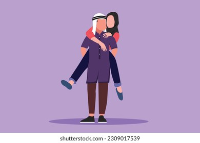 Graphic flat design drawing happy man carrying and embracing woman at park. Romantic Arabian couple in love. Young couple relationship celebrate wedding anniversary. Cartoon style vector illustration