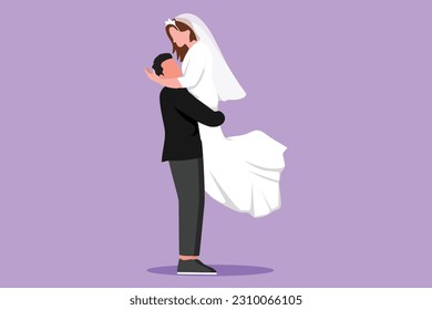 Graphic flat design drawing of happy handsome man carrying and embracing woman with wedding dress. Sweet romantic married couple relationship celebrate wedding party. Cartoon style vector illustration