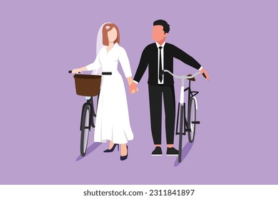 Graphic flat design drawing of happy married couple walking down forest road with their bicycles on summer day. Romantic man and woman in love wearing wedding dress. Cartoon style vector illustration