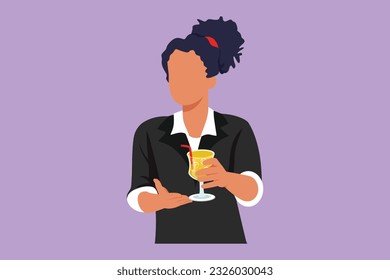 Graphic flat design drawing of happy woman showing summer refreshing fruit flavored infused water with fresh organic lemon, lime, mint at glass. Relax time at office. Cartoon style vector illustration