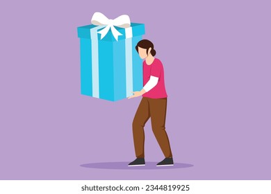 Graphic flat design drawing happy woman carrying big present box. Creative idea of earning reward, gift, or prize. Concept of celebration of best worker at company. Cartoon style vector illustration