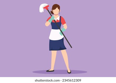 Graphic flat design drawing happy female cleaning staff member holding mop in gloves on blue background. Concept of different people like working in cleaning service. Cartoon style vector illustration