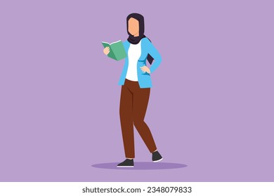 Graphic flat design drawing happy beautiful woman standing and reading book at library school. Pretty Arabian female reader enjoying literature or preparing for exam. Cartoon style vector illustration