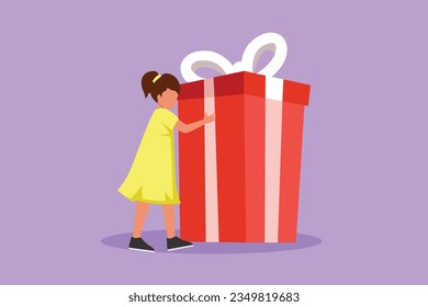 Graphic flat design drawing happy little girl hugging huge birthday gift. Satisfied kid standing near wrapped birthday gift box with bow. Present for birthday party. Cartoon style vector illustration