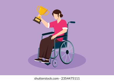 Graphic flat design drawing happy beautiful woman in wheelchair holding golden cup trophy winner podium. Sport game competition, training, challenge, business goal. Cartoon style vector illustration