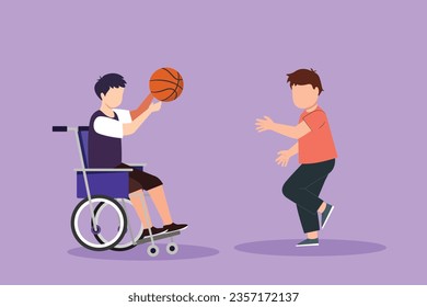 Graphic flat design drawing happy lifestyle of disabled people concept. Little cute boy in wheelchair playing ball with male friend outdoors living active lifestyle. Cartoon style vector illustration