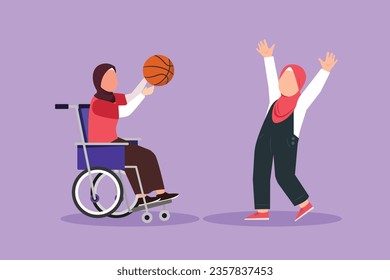 Graphic flat design drawing happy disabled people playing basketball. Little Arab girl in wheelchair playing ball with female friend outdoors living active lifestyle. Cartoon style vector illustration