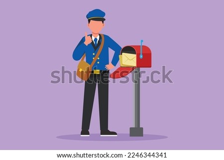 Graphic flat design drawing happy postman with thumbs up gesture standing in hat, bag, uniform, holding an envelope. Working hard to delivering mail to home address. Cartoon style vector illustration