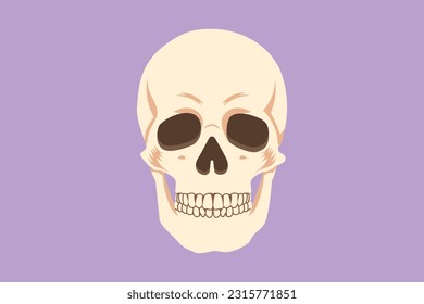 Graphic flat design drawing of head skull logo, icon, label, symbol. Anatomical skulls in front view projection. Anatomy face for medical education equipment element. Cartoon style vector illustration