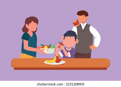 Diseño plano gráfico que dibuja comida saludable para niños y concepto familiar. Feliz padre, madre e hijo pequeño, personajes comiendo y preparando un smoothie saludable en la cocina. Ilustración vectorial de estilo de dibujos animados