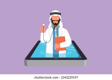 Graphic flat design drawing helpful Arab male doctor comes out of smartphone screen holding stethoscope. Online medical app services. Digital healthcare consultation. Cartoon style vector illustration