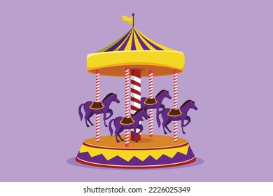 Graphic flat design drawing horse carousel in amusement park spinning under large tent with flag on it. Recreation children loved. Play on funfair outdoor festival. Cartoon style vector illustration
