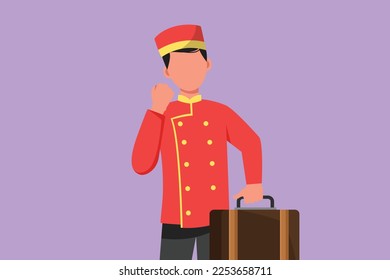 Graphic flat design drawing of hotel doorman in uniform held suitcase with celebrate gesture. Serve guests in friendly and warm manner. Porter with great hospitality. Cartoon style vector illustration