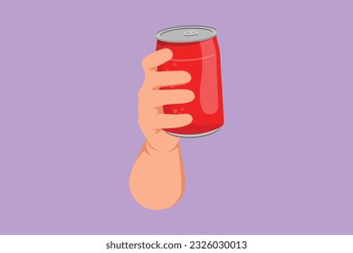 Graphic flat design drawing human hand holding a aluminum can drink without labels. Beverages in metal containers logo, icon, symbol. Refreshing drink for teenager. Cartoon style vector illustration