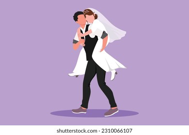 Graphic flat design drawing husband carry his wife on his back. Romantic couple with wedding dress. Relationship concept in supporting and helping in any situation. Cartoon style vector illustration