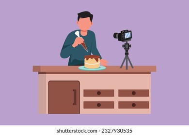 Graphic flat design drawing influencer or food blogger creating content. Man shooting cooking video using camera on tripod. Chef baking, decorating cake at kitchen. Cartoon style vector illustration