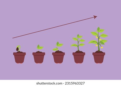 Graphic flat design drawing infographic of planting tree. Seeds sprout in pot or ground. Seedling gardening plant. Sprouts, plants, trees growing icon, logo, symbol. Cartoon style vector illustration