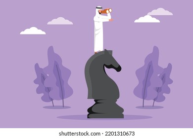 Graphic flat design drawing innovative Arabian businessman on top of big horse chess piece using telescope looking for success, goals opportunities, business trends. Cartoon style vector illustration