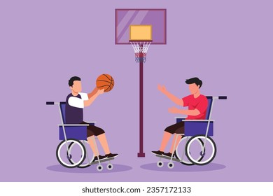 Diseño gráfico plano dibujando a un joven discapacitado alegre en silla de ruedas jugando al baloncesto juntos en la cancha de baloncesto. Concepto de deportes adaptativos para personas con discapacidad. Ilustración vectorial de estilo de dibujos animados