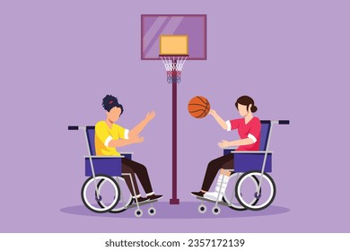 Graphic flat design drawing joyful disabled pretty woman in wheelchair playing basketball together at basketball court. Concept of adaptive sport for disabled people. Cartoon style vector illustration