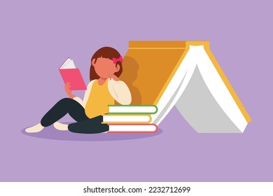 Graphic flat design drawing little girl reading, learning and leaning on pile of big books. Study at school. Smart student get education. Intellectual and knowledge. Cartoon style vector illustration