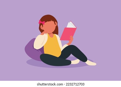Graphic flat design drawing little girl reading, learning and leaning on cozy couch. Study at school. Smart female student get education. Intellectual and knowledge. Cartoon style vector illustration