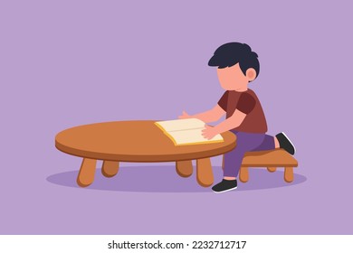 Graphic flat design drawing of little boy reading and studying on table with stationery. Kid doing homework from school. Intelligent student. Education and knowledge. Cartoon style vector illustration