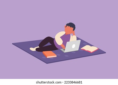 Graphic flat design drawing little boy character lying on floor and typing on laptop keyboard. Cute child using computer and learning from home. Kid studying at home. Cartoon style vector illustration