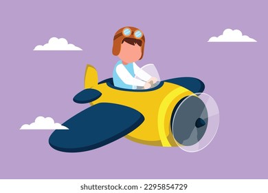 Graphic flat design drawing little boy operating plane. Kids flying in airplane. Happy smiling kid flying plane like real pilot and dreaming of piloting profession. Cartoon style vector illustration