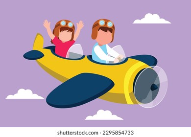 Graphic flat design drawing little boy operating plane and girl as passengers. Kids flying in airplane. Flying plane like real pilot, dreaming of piloting profession. Cartoon style vector illustration