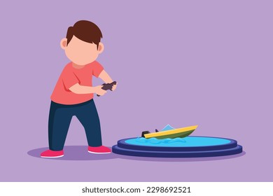 Graphic flat design drawing little boy playing with remote controlled motor boat toy. Happy kids playing with electronic motor boat toy with remote control in hands. Cartoon style vector illustration