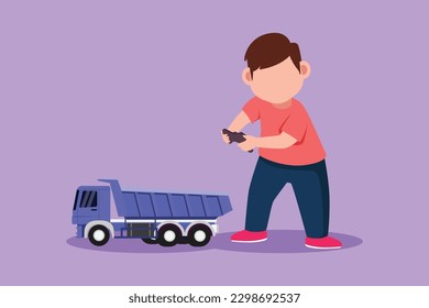 Graphic flat design drawing little boy playing with remote controlled dump truck toy. Cute kids playing with electronic dump truck toy with remote control in hands. Cartoon style vector illustration