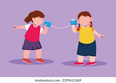Graphic flat design drawing little girls speaking by tin can telephone. Two friends playing in phone with self made speech transmitting device, kid have fun speaking. Cartoon style vector illustration