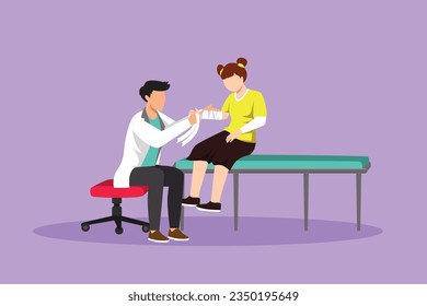 Graphic flat design drawing little kid girl on consultation with orthopedic doctor. Children doctor work with little girl. Orthopedist bandages girl hand in hospital. Cartoon style vector illustration