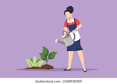 Graphic flat design drawing lovely young woman or gardener taking care of home garden. Beautiful female watering houseplants growing in greenhouse with watering can. Cartoon style vector illustration