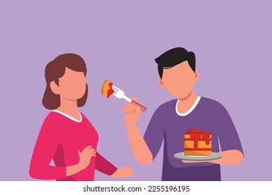 Graphic flat design drawing of loving couple eating cake together. Man and woman dating at restaurant. Romantic relationship concept. Celebrate wedding anniversaries. Cartoon style vector illustration