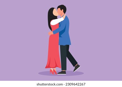 Graphic flat design drawing loving couple kissing and hugging. Romantic couple lovers kissing and holding hands. Arab man and woman celebrating wedding anniversary. Cartoon style vector illustration