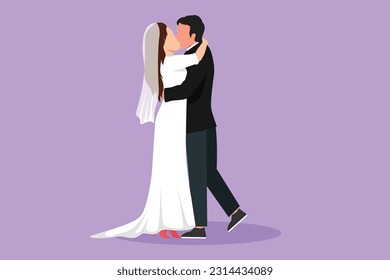 Graphic flat design drawing loving married couple kissing, hugging and holding hands. Happy man wearing suit and pretty woman with dress in wedding celebration party. Cartoon style vector illustration