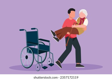 Graphic flat design drawing loving son took his old disabled beautiful mother from wheelchair carrying her in his arms. Happy senior lady in hugs of her strong child. Cartoon style vector illustration