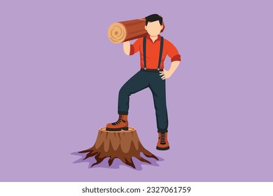 Graphic flat design drawing of lumberjack or woodcutter holding timber and axe. Wooden materials manufacturing, standing with axe, posing with one foot on tree stump. Cartoon style vector illustration