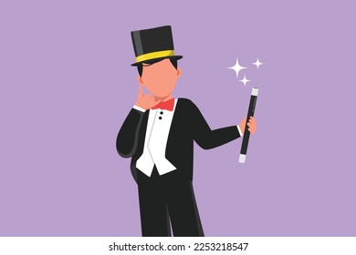 Graphic flat design drawing magician in tuxedo with call me gesture wear hat and holding magic stick ready to entertain audience in circus show. Magical performance. Cartoon style vector illustration