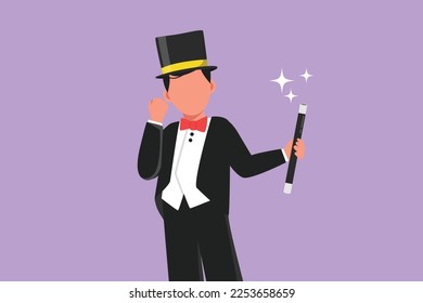 Graphic flat design drawing magician in tuxedo with celebrate gesture wear hat and holds magic stick ready to entertain audience in circus show. Magical performance. Cartoon style vector illustration